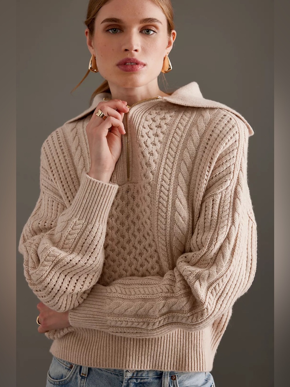 Anthropologie Varley Cable Knit Half-Zip Jumper Small NWT $198